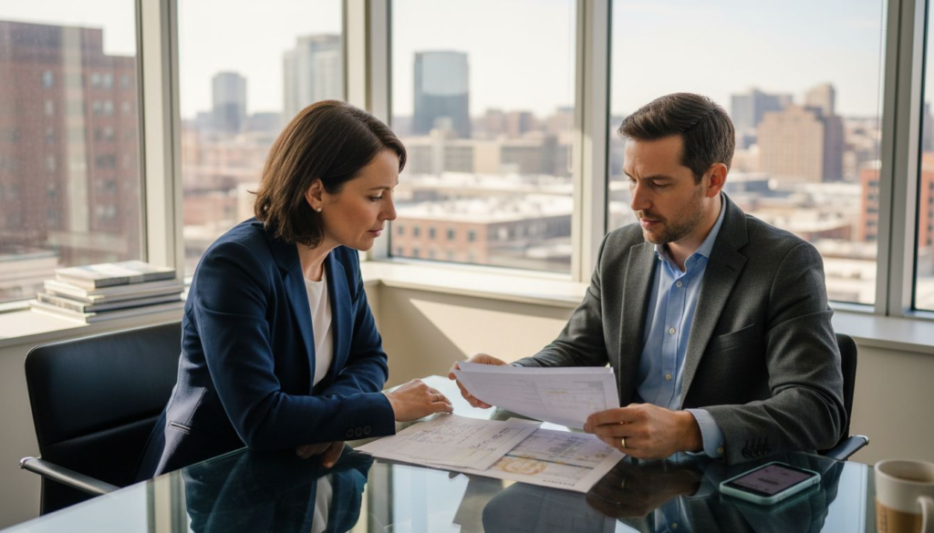 Agent and client reviewing property listings in office