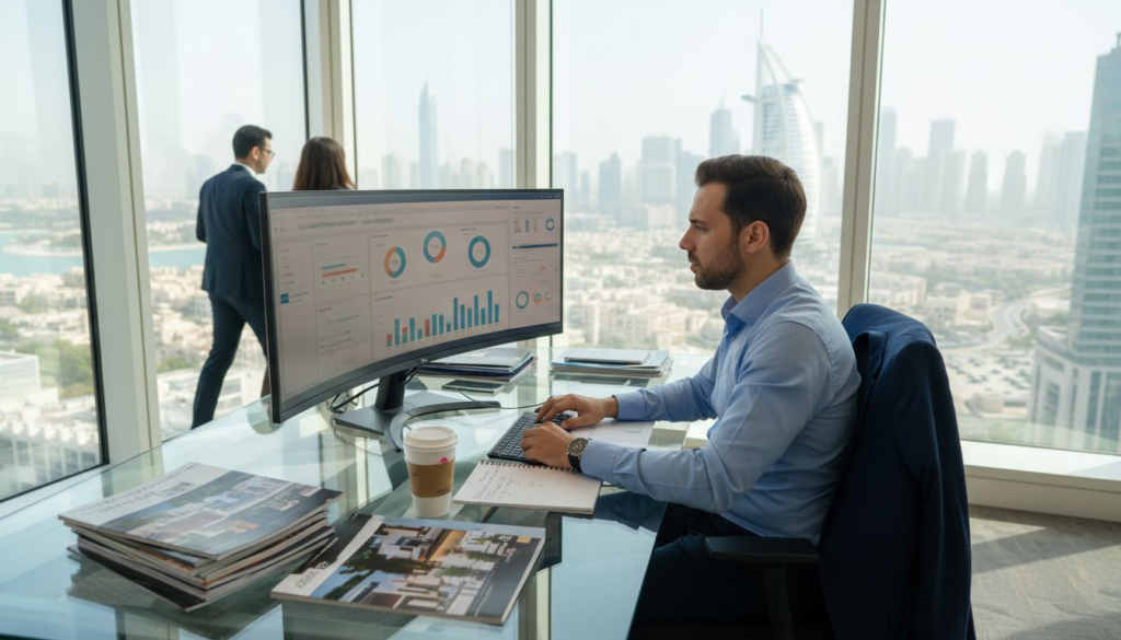 Real estate agent reviewing marketing data in Dubai office